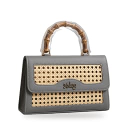 The Malang Top Handle — grey cane and vegan-leather handbag with bamboo handle