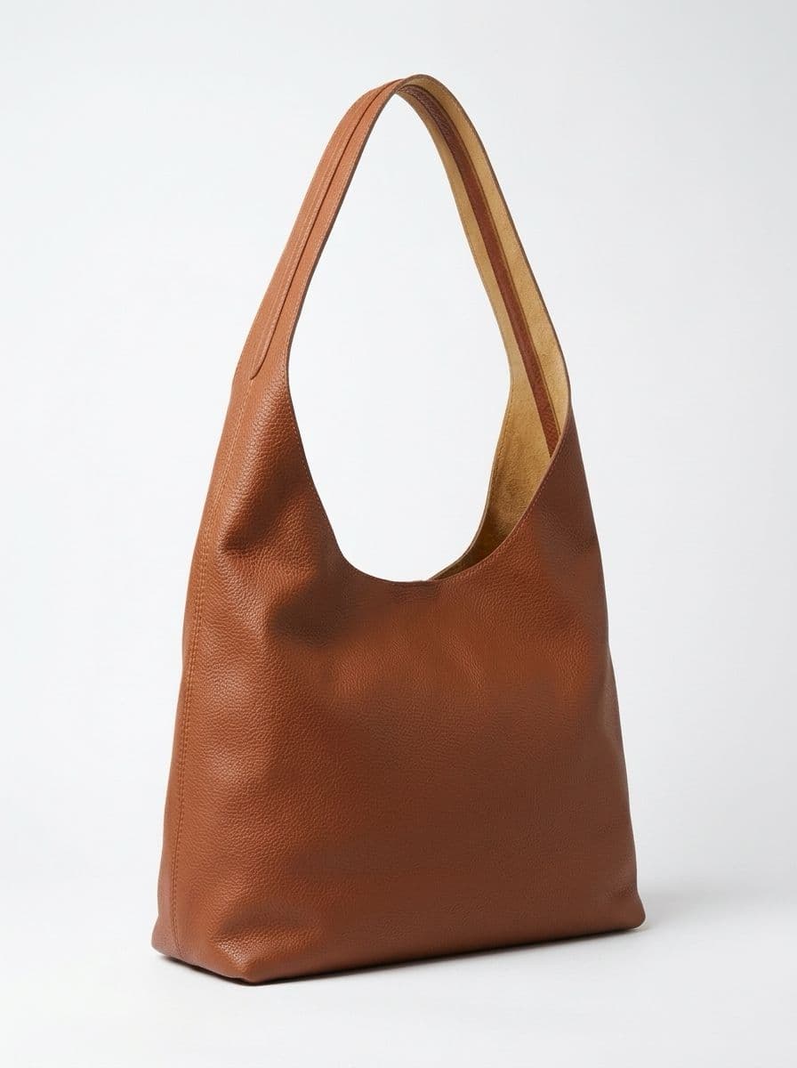 Brown Zanbeel bag side view showing its slouchy shape and tan interior