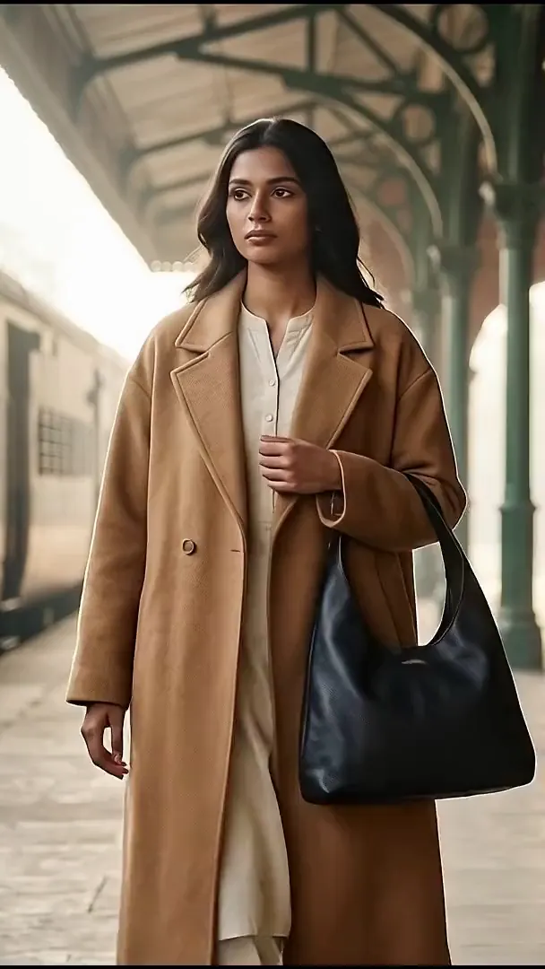 A woman in a camel coat walking toward the camera on a sunlit railway platform, a black Malang tote on her shoulder