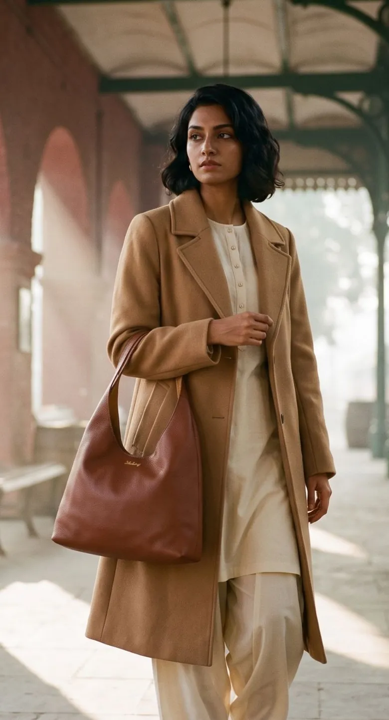 A woman in a camel coat on an old railway platform, carrying a brown Malang bag on her shoulder