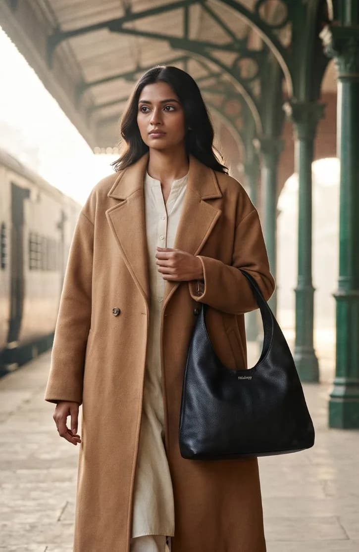 A woman in a camel coat on a railway platform, carrying the black Malang Signature Tote on her shoulder