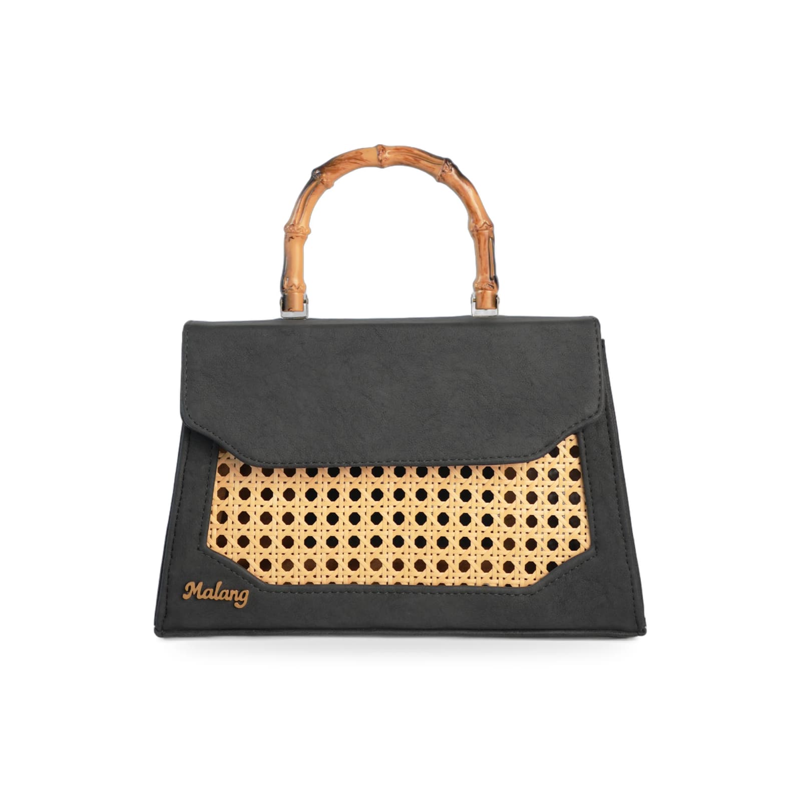 Taaq top handle bag in black vegan leather with Vienna-weave cane panel, front view