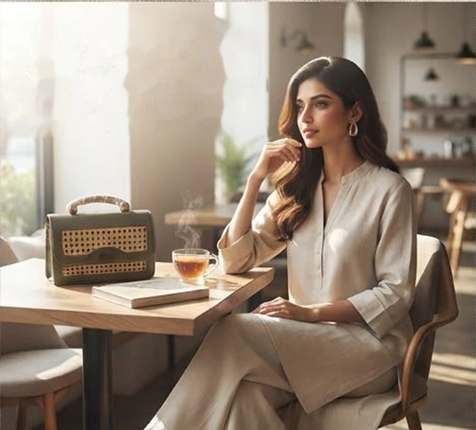 A woman at a café table with an olive Malang bag