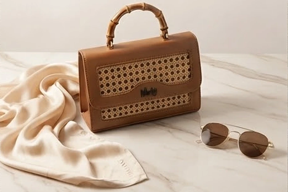A tan Malang bag on marble with a silk scarf and sunglasses